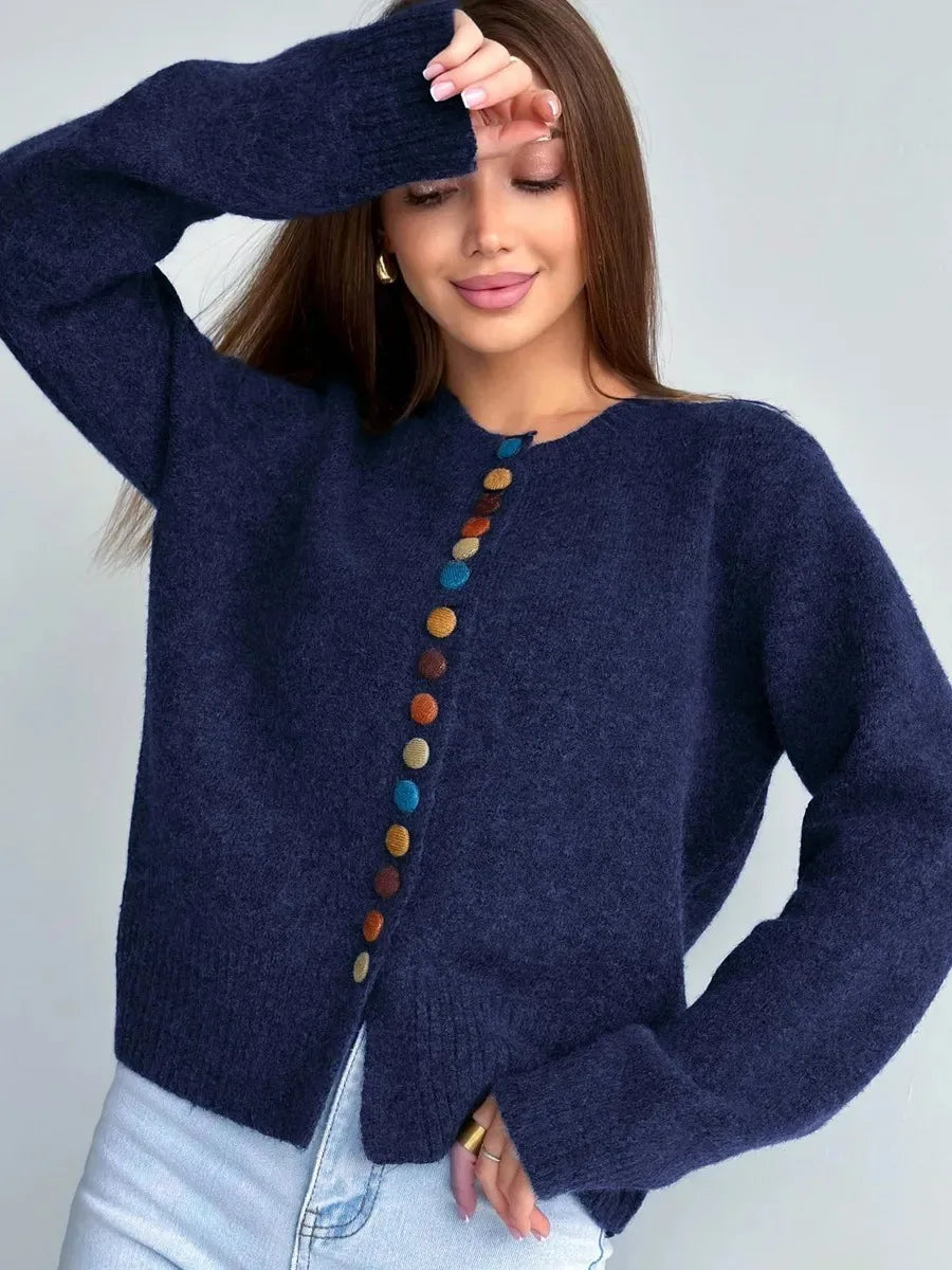 Crew Neck Multicolor Button Front Knit Cardigan
