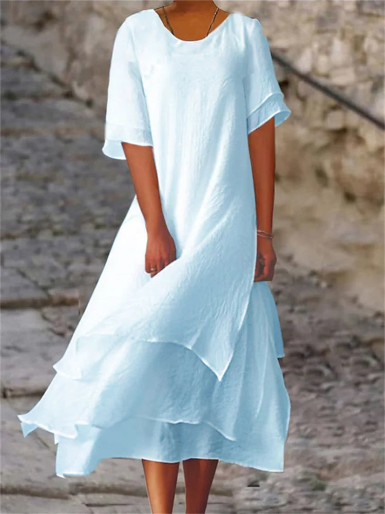 Eva Effortless Double Layered Slit Short Sleeved Dress with Round Neck Statement Occasion Edit