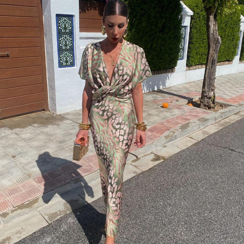 Animal Print Deep V-Neck Twist Front Short Sleeve Maxi Dress