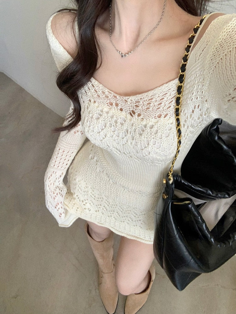 Y2k Sexy Gown Korea Mini Slim Brief Long Arm Gown Lace Party Knitted Gown Vintage