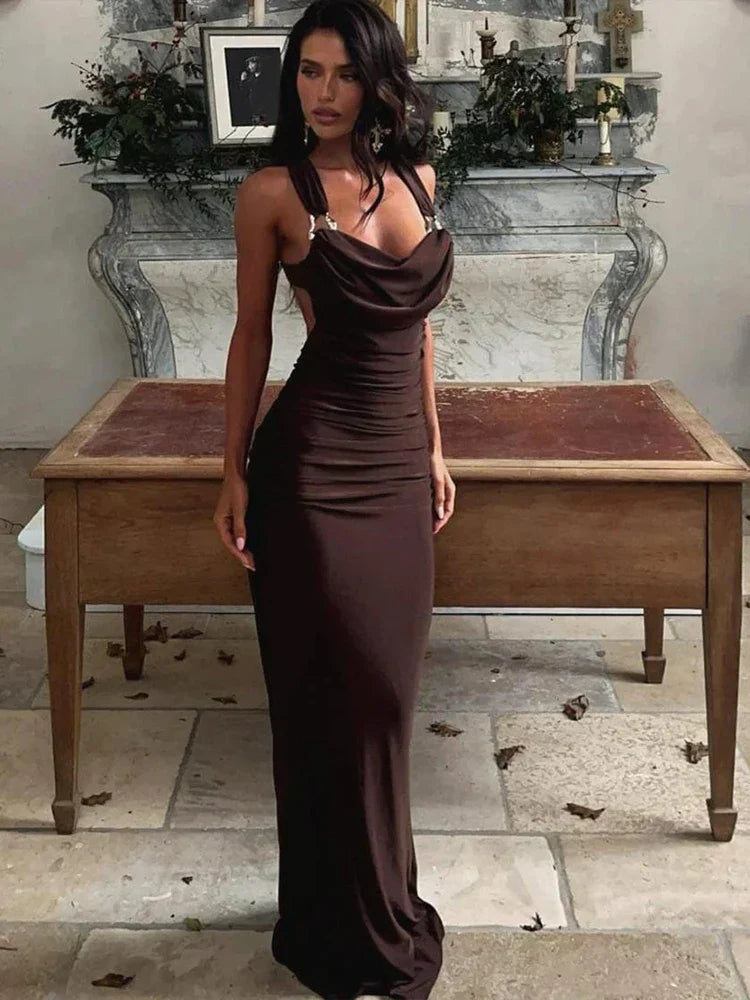 Metal Buckle Swing collar Backless Long Dress