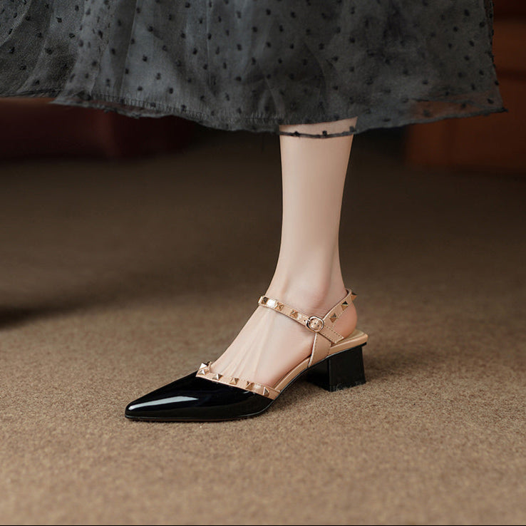 Pointed Toe Studded Slingback Block Heel Pumps