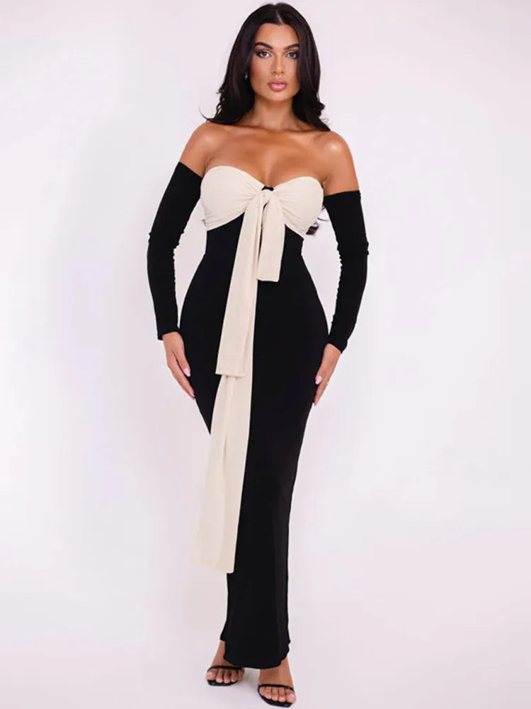 OffShoulder Contrast Color Maxi Midi Dress