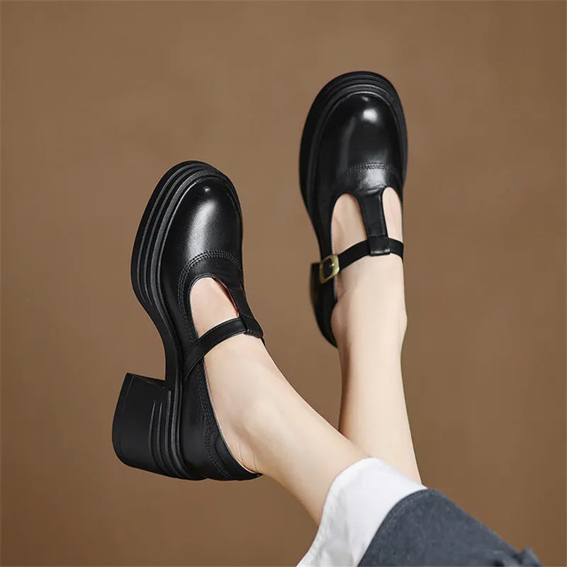 T Strap Buckle Round Toe Block Heel Mary Jane Shoes