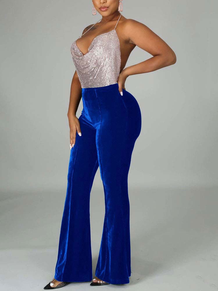 High Waist Velvet Front Seam Flare Leg Bell Bottom Pants 14