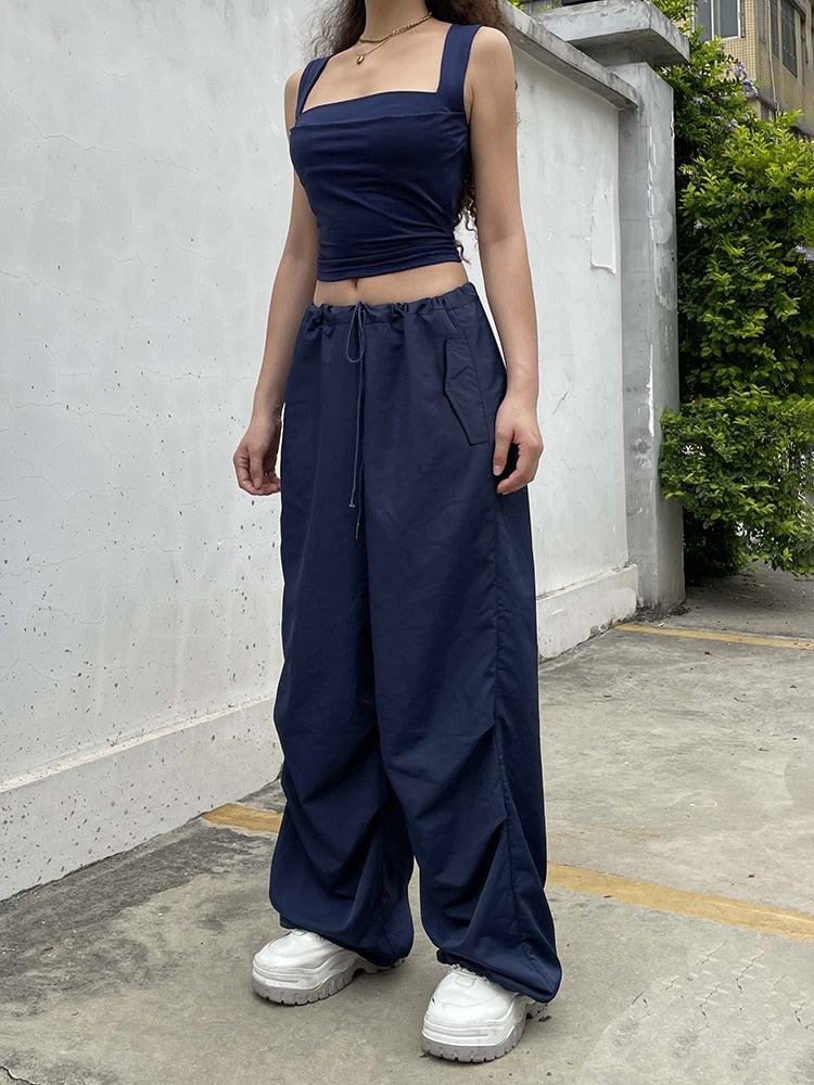 Mojoyce Streetwear Drawstring Low Waist Casual Blue Women's Pants Harajuku Baggy Trousers Hip Hop Wide Leg Capris Summer Chic