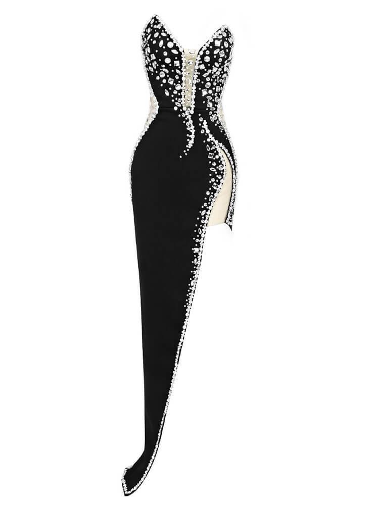 Rhinestone Strapless Sweetheart Mesh Panel Wrap High Split Bandage Maxi Gown