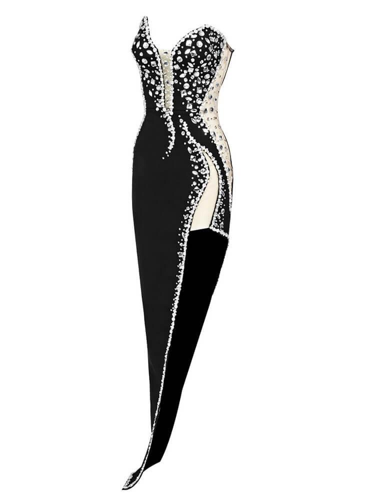 Rhinestone Strapless Sweetheart Mesh Panel Wrap High Split Bandage Maxi Gown