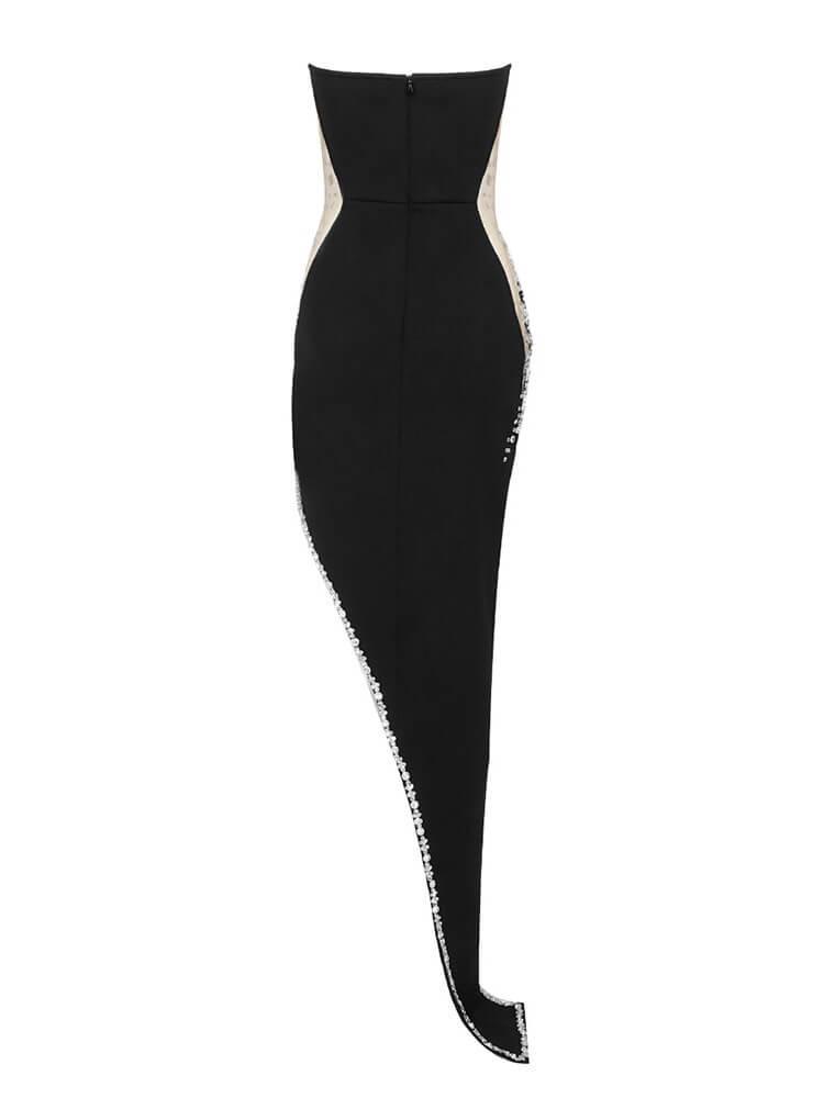 Rhinestone Strapless Sweetheart Mesh Panel Wrap High Split Bandage Maxi Gown