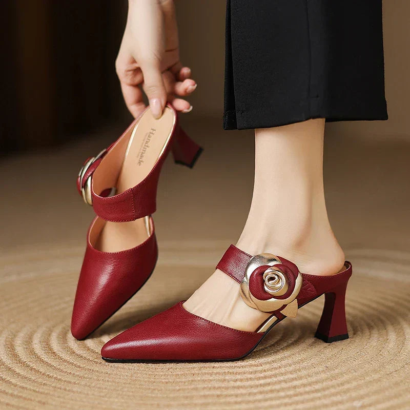 Pointed Toe Flower Buckle Block Heel Mules