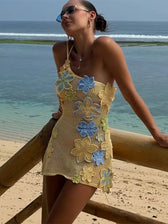 Crochet Floral Applique One Shoulder Bodycon Mini Dress