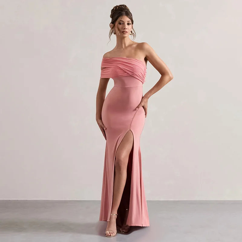 Off Shoulder Ruched Mesh Bodice High Split Mermaid Maxi Dress