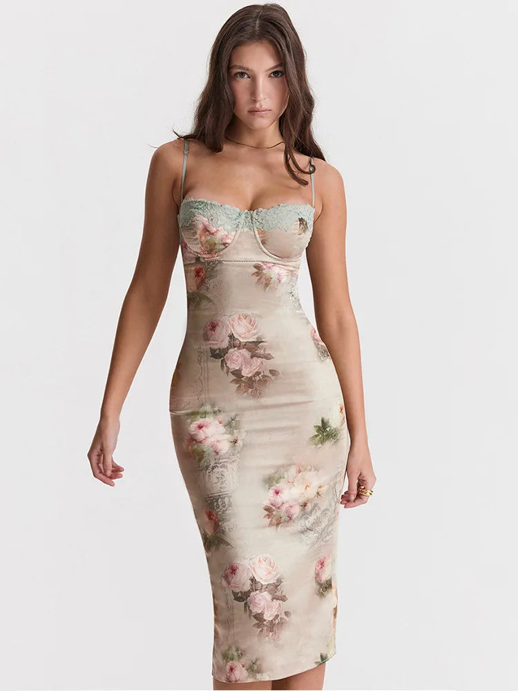 Floral Print Lace Trim Underwire Bust Spaghetti Strap Bodycon Midi Dress