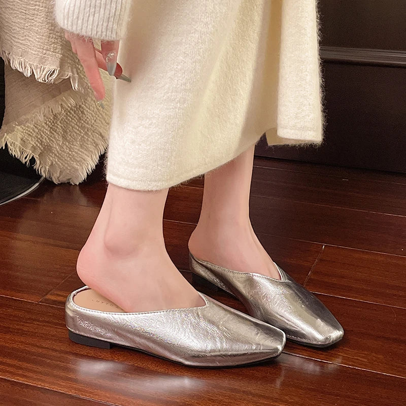 Metallic Square Toe Flat Mules