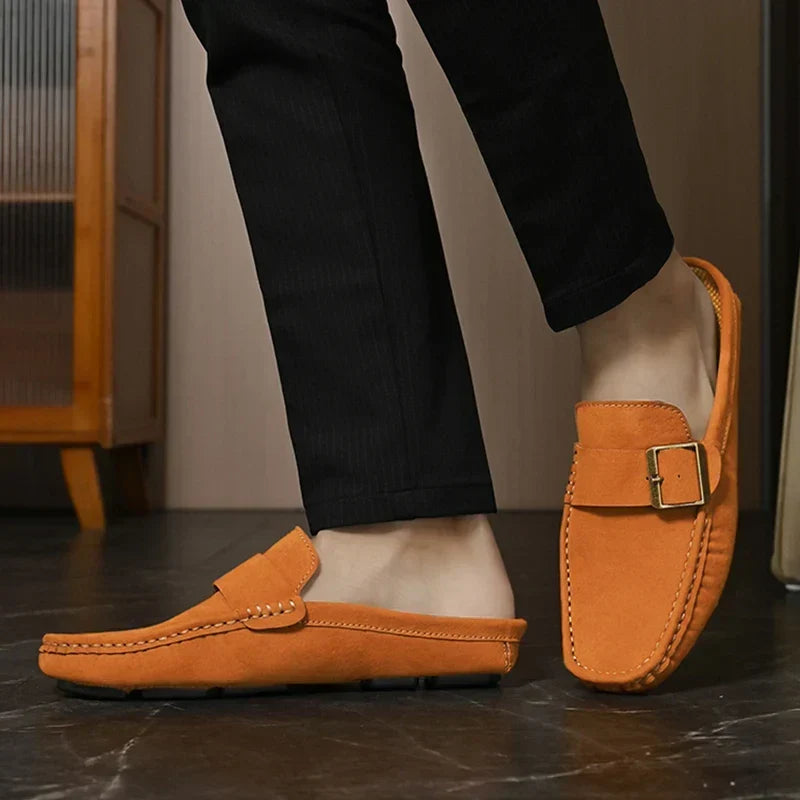 Suede-Look Buckle Backless Loafer Mules