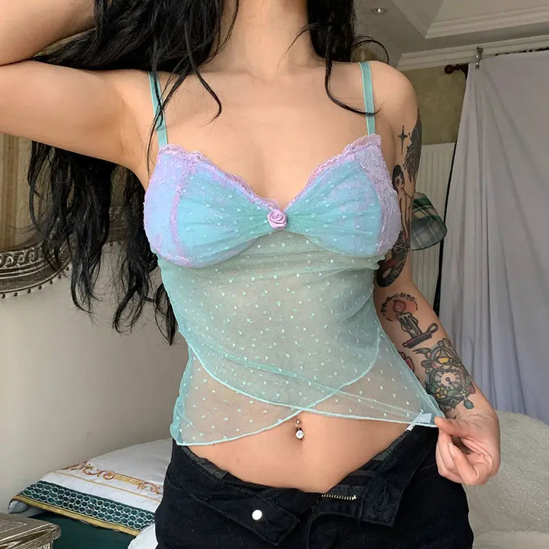 Y2K Frill Lace Trim Mesh Sheer Top