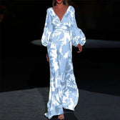 Floral Deep V-Neck Puff Sleeve Maxi Dress