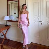 Strapless Pink Satin Corset Silk Dress 2