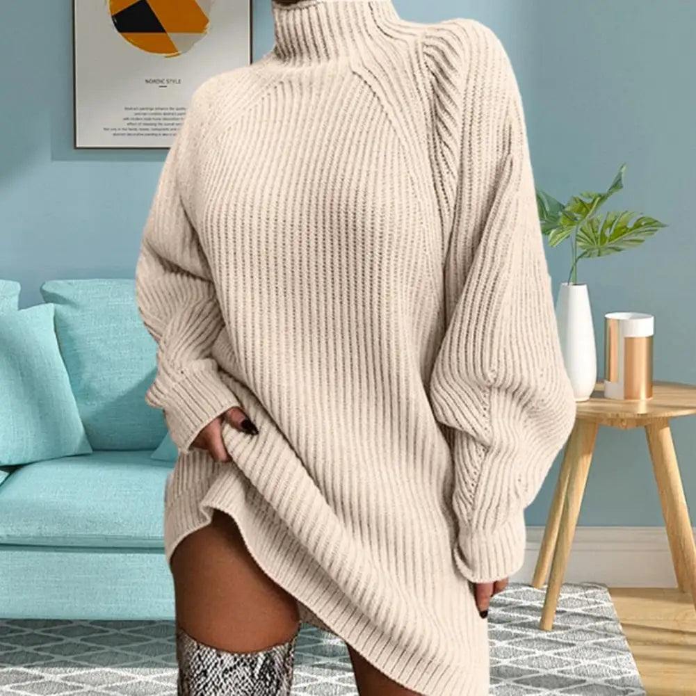 Turtleneck Long Sleeve Ribbed Sweater Dress