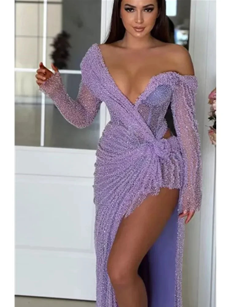 Off Shoulder Deep V-Neck Long Sleeve Beaded Ruched High Split Gown 2