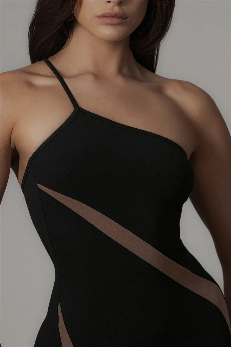 One Shoulder Contrast Mesh Panel Bodycon Maxi Dress 9