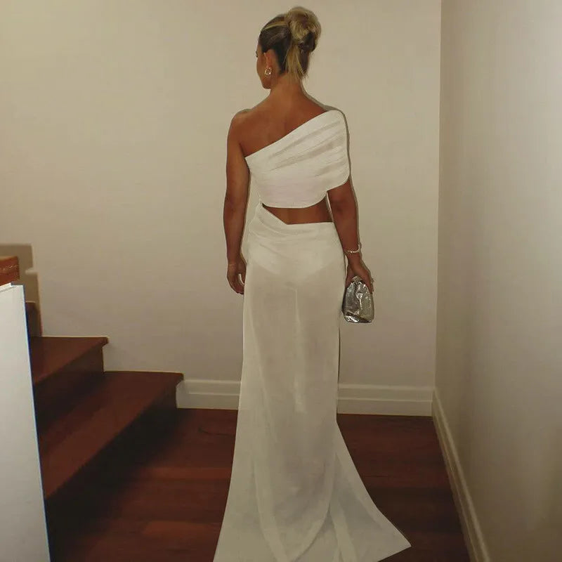 One Shoulder Ruched Mesh Cut Out High Split Maxi Dress 6