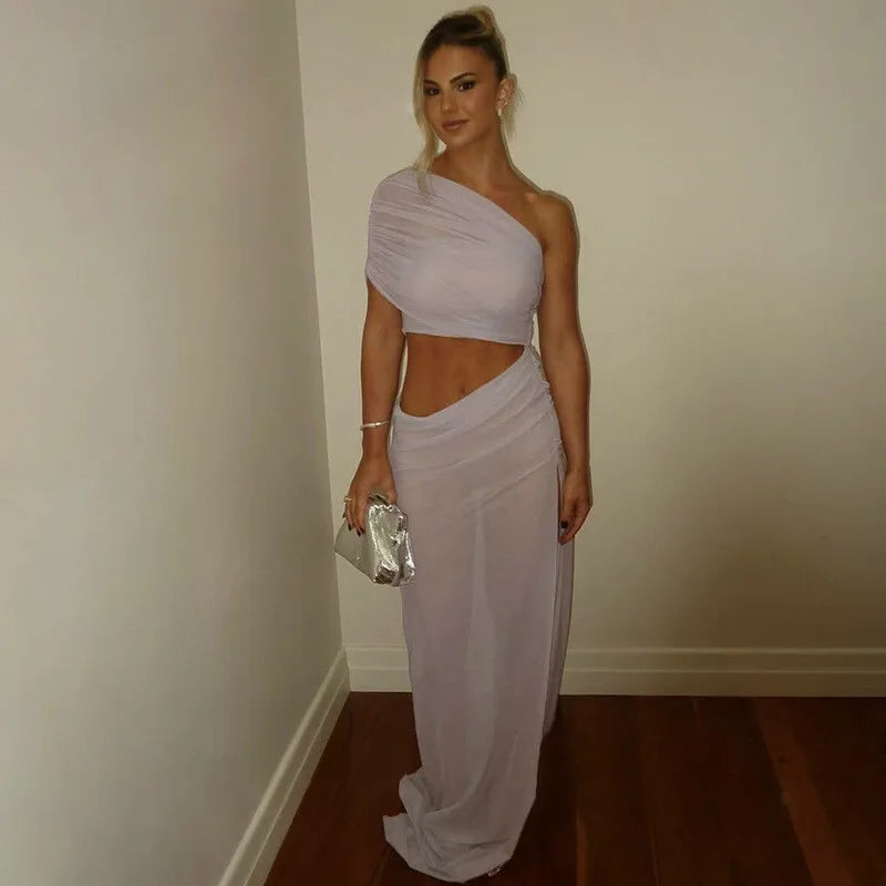 One Shoulder Ruched Mesh Cut Out High Split Maxi Dress 11