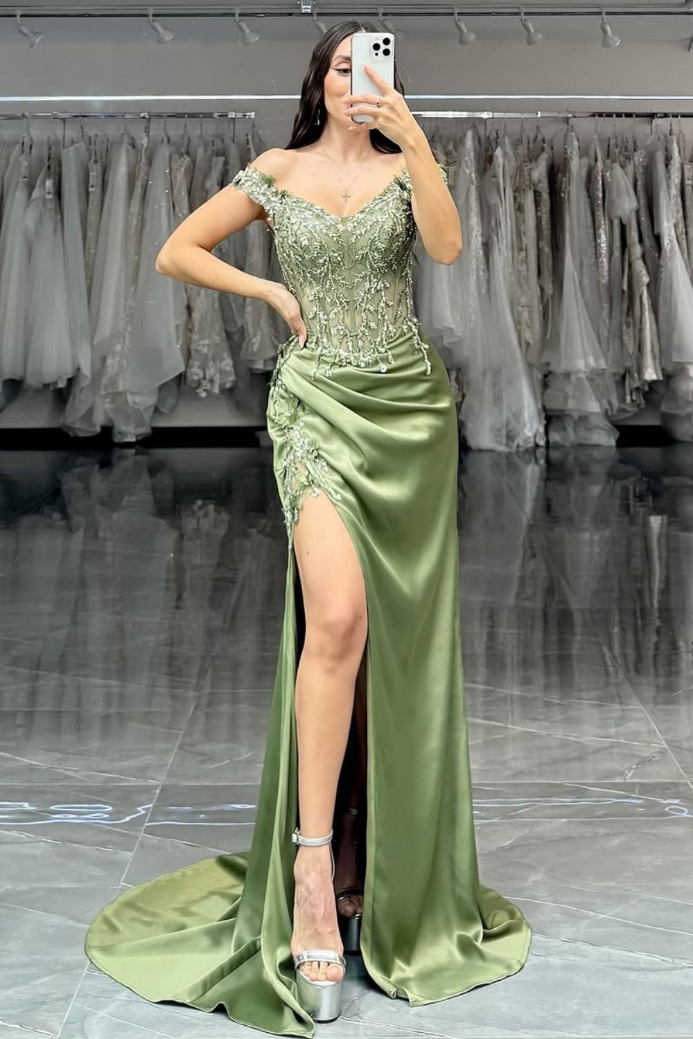 Sage Green Mermaid Off The Shoulder Long Satin Formal Dress with Sequined Appliques