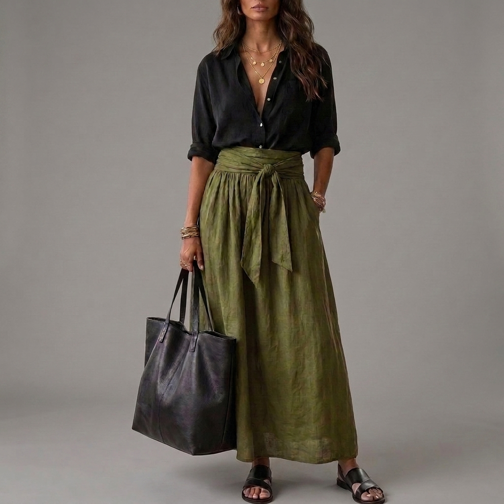 Button Front Shirt and Tie Waist Maxi Skirt Two Piece Set