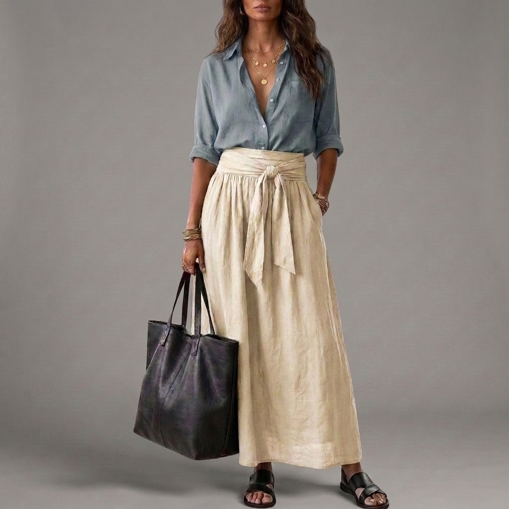 Button Front Shirt and Tie Waist Maxi Skirt Two Piece Set