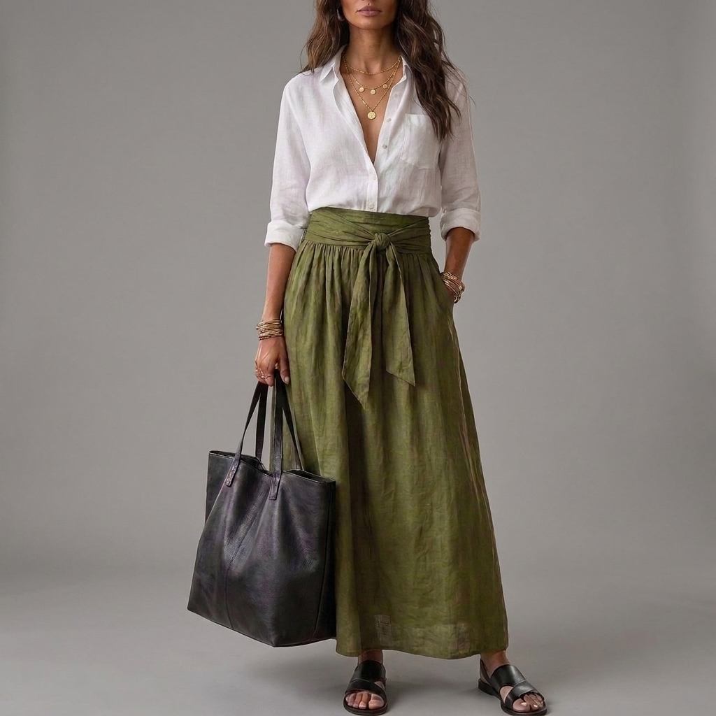 Button Front Shirt and Tie Waist Maxi Skirt Two Piece Set