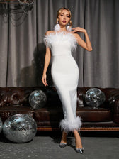 Salome Strapless Feather Trimmed Bandage Dress In White 2