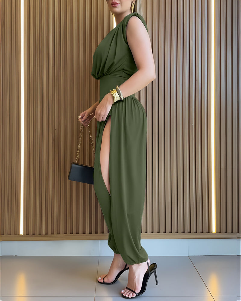 Elegant Casual Ruched Jumpsuit with Adjustable Straps & Pockets