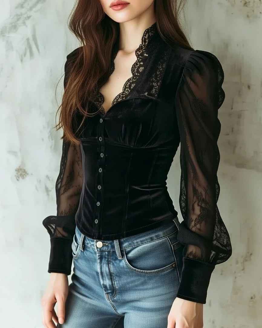 Elegant Sheer Lace Blouse for Women - Long Sleeve, Lightweight Design
