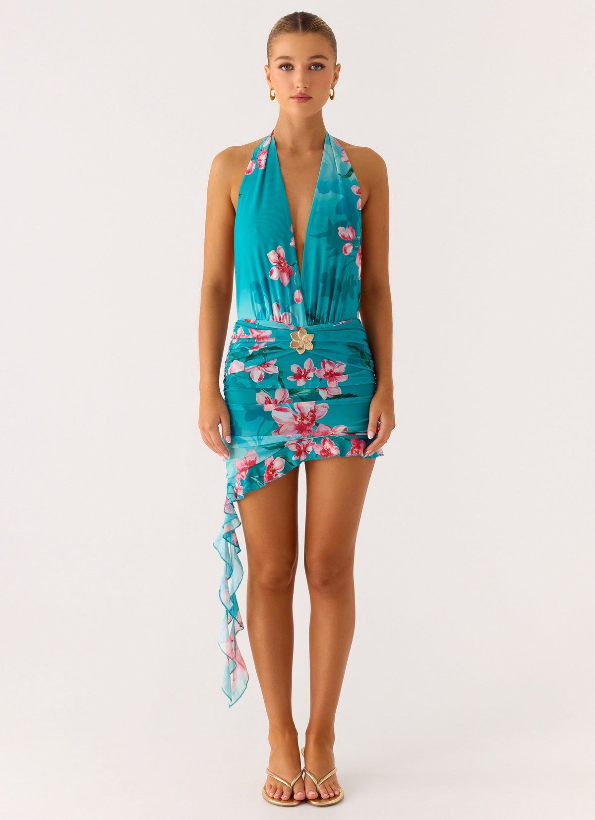 Floral Print Halter Plunge Backless Ruched Ruffle Hem Mini Dress 4