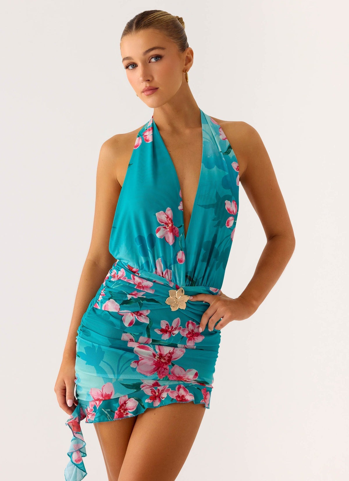 Floral Print Halter Plunge Backless Ruched Ruffle Hem Mini Dress 5