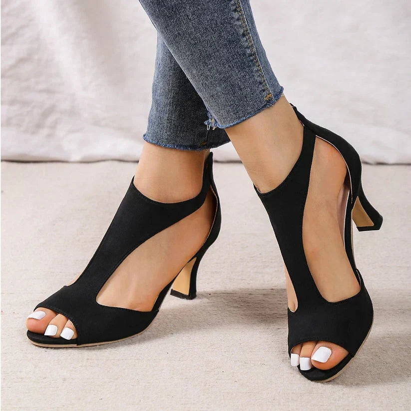 Suede Look Peep Toe Cut Out Block Heel Sandals