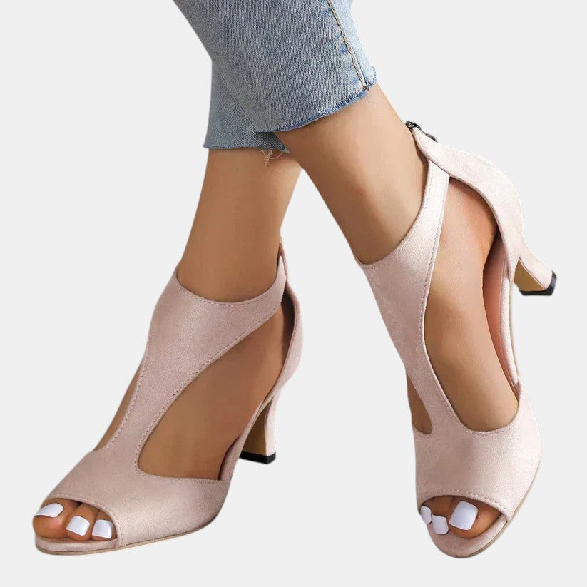 Suede Look Peep Toe Cut Out Block Heel Sandals
