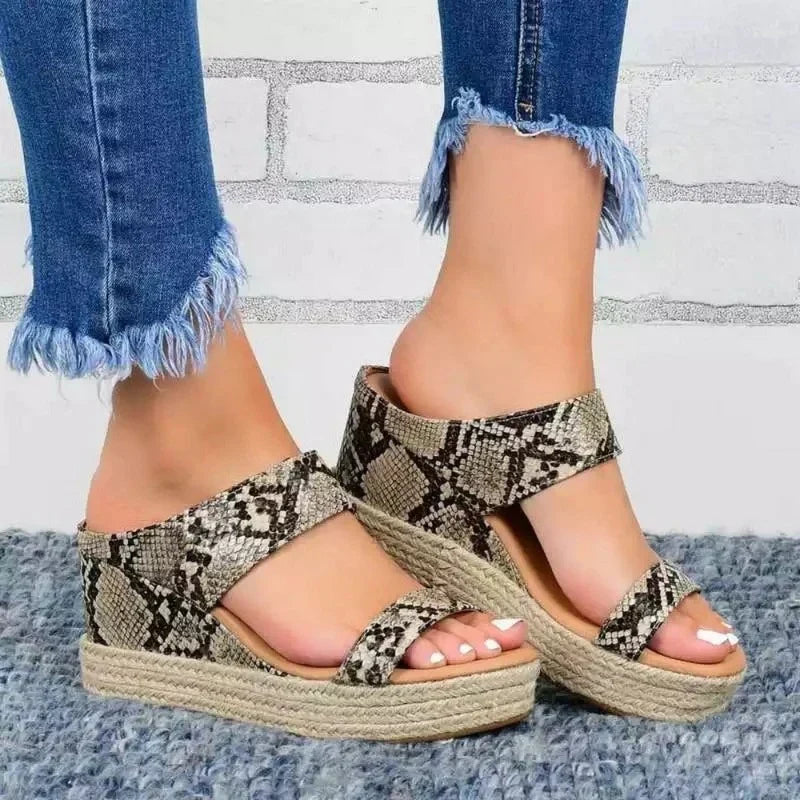 Denim Look Two Band Espadrille Platform Wedge Slides