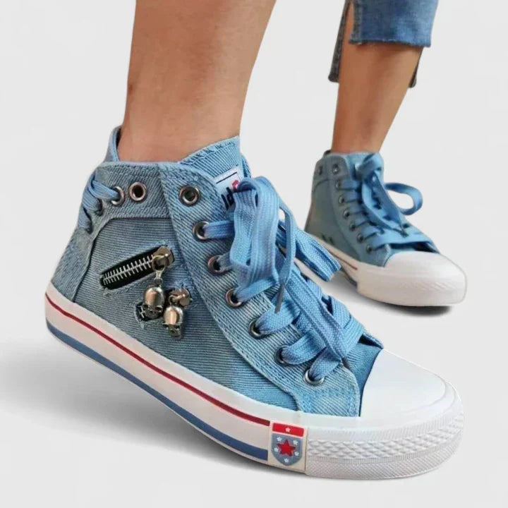 Denim Look Zip Charm Lace Up High Top Sneakers 6