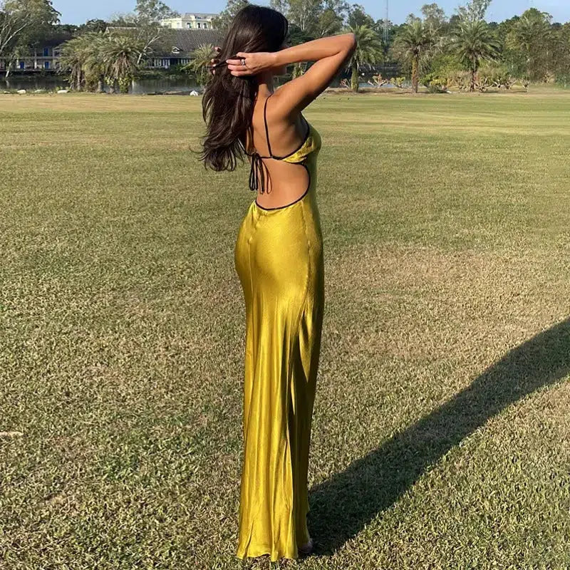 Satin Spaghetti Strap Keyhole V-Neck Contrast Trim Bodycon Maxi Dress 2