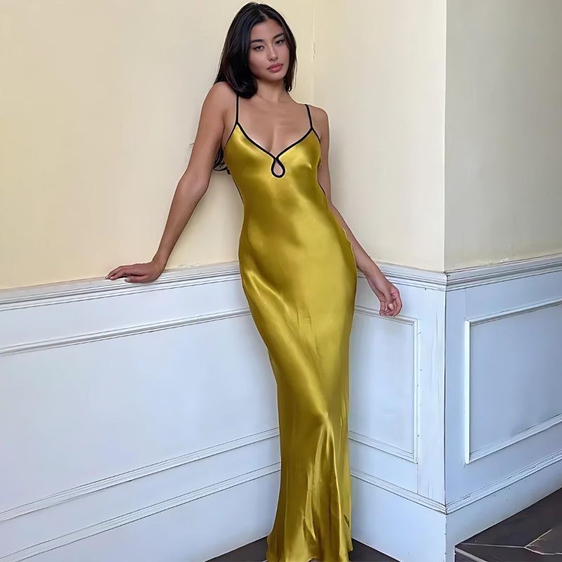 Satin Spaghetti Strap Keyhole V-Neck Contrast Trim Bodycon Maxi Dress 3