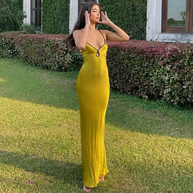 Satin Spaghetti Strap Keyhole V-Neck Contrast Trim Bodycon Maxi Dress