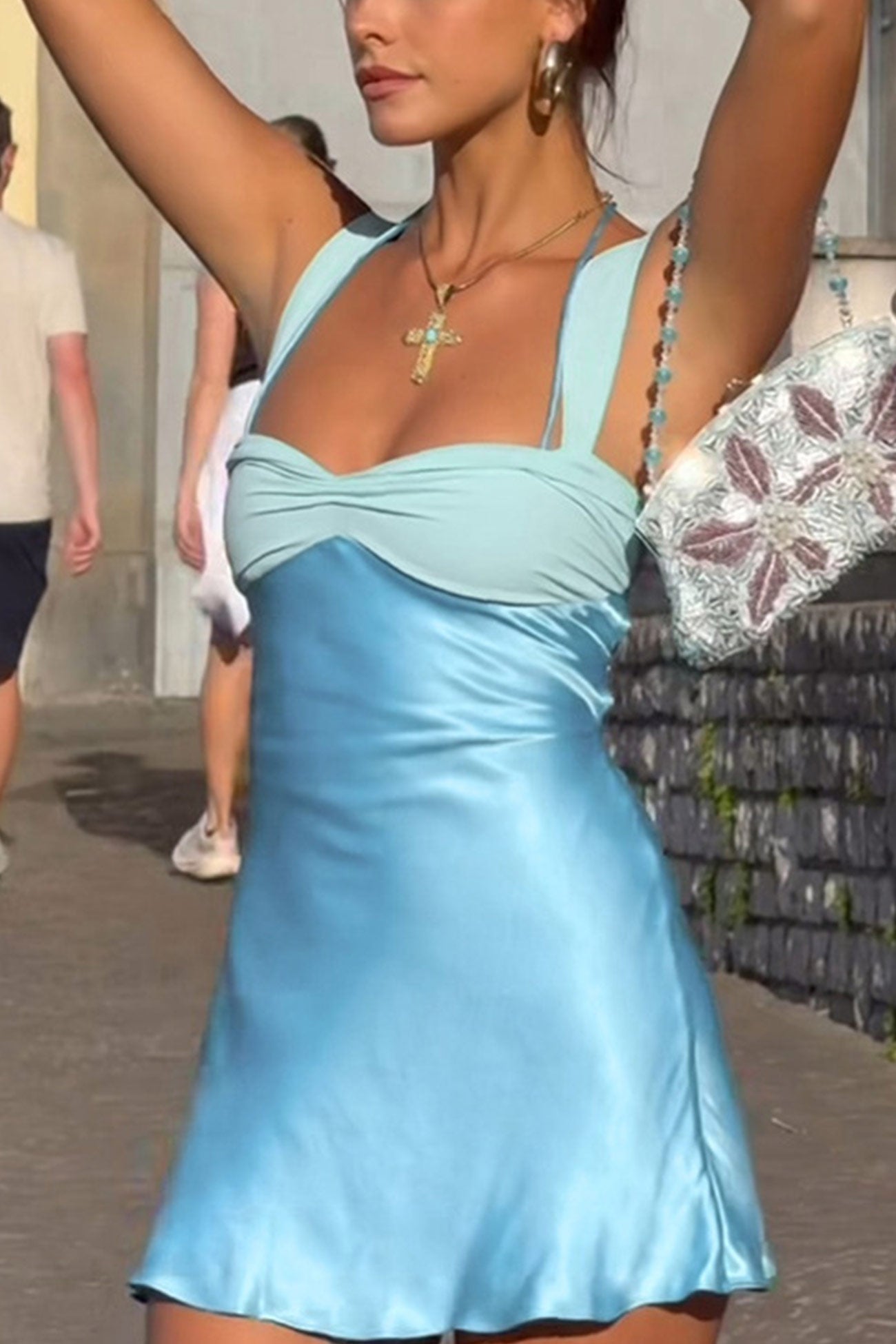 Satin Contrast Color Tie up Cami Dress