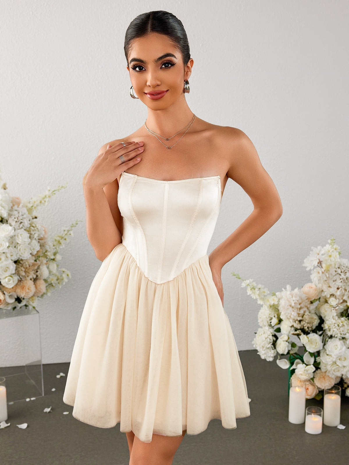 Strapless Satin Corset Bodice Basque Waist Tulle Skirt Mini Dress