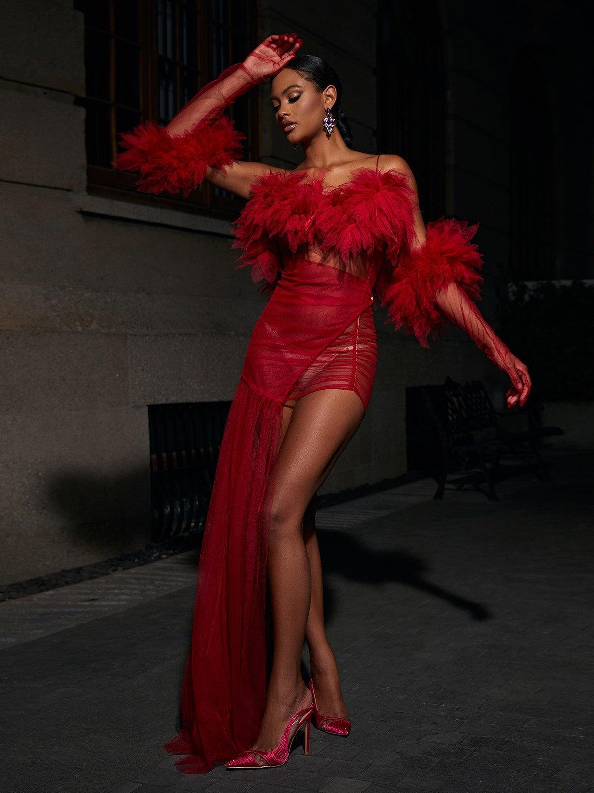 Spaghetti Strap Ruffled Tulle Ruched Mini Dress with Side Train and Gloves