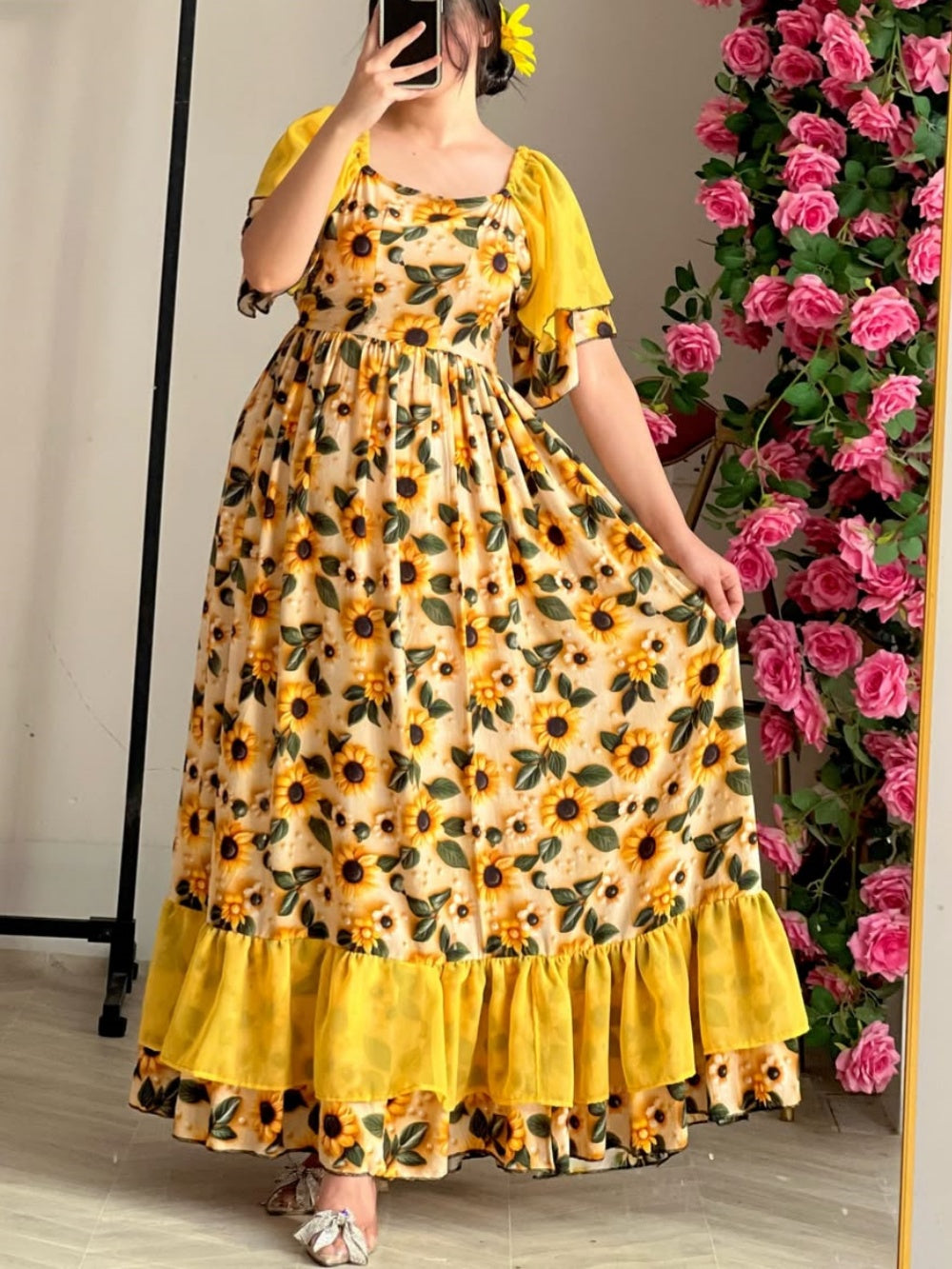 sunflower print short-sleeved maxi dress Yellow