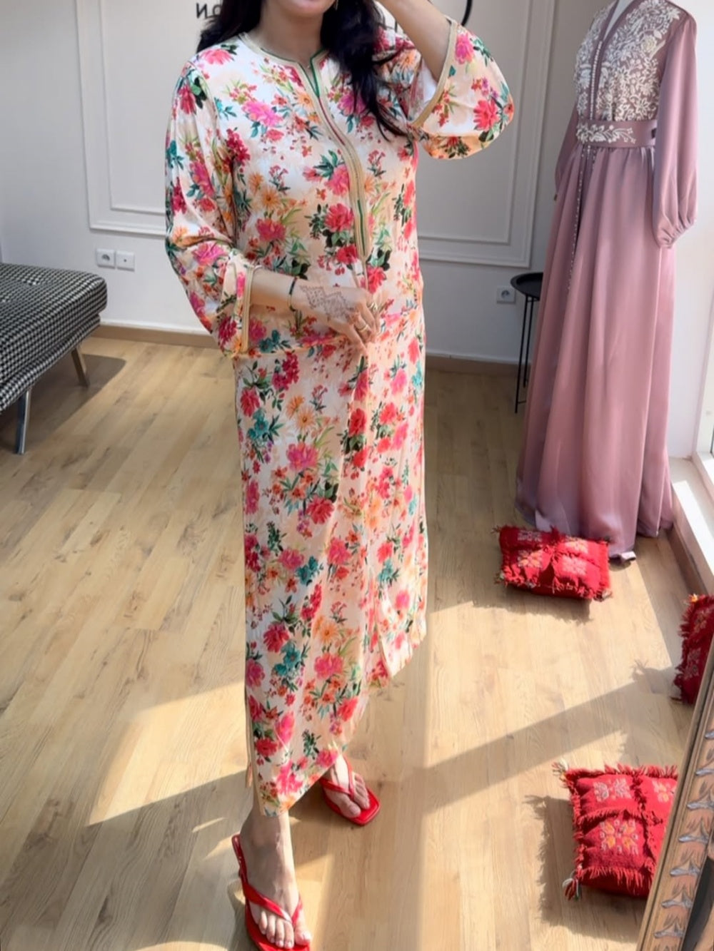 Casual long-sleeved printed loose dress Red