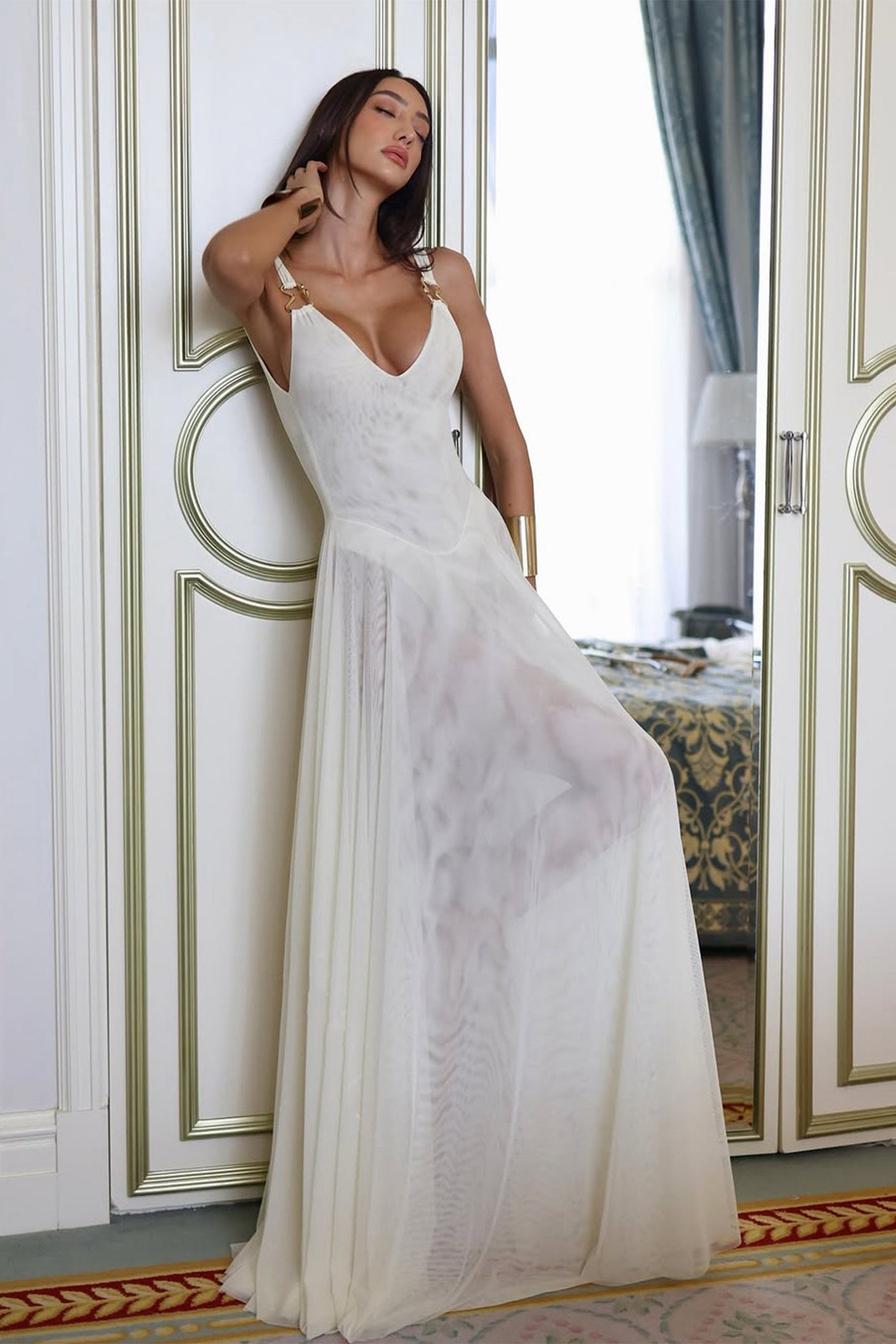 Julie Plunge Neck Semi-sheer Mesh Maxi Dress 2