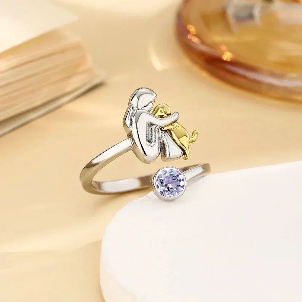 Two Tone Dog Hug Cubic Zirconia Open Adjustable Ring